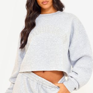 PRETTYLITTLETHING Tall Grey Marl Distressed Varsity Cropped Sweatshirt