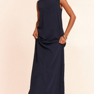 Navy Floaty Woven Boat Neck Maxi Beach Dress