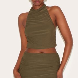 Khaki Soft Touch Ruched Halter Crop Top