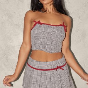 Light Mocha Woven Houndstooth Bow Boned Corset