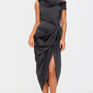 Black Satin Off The Shoulder Draped Skirt Midi Dress