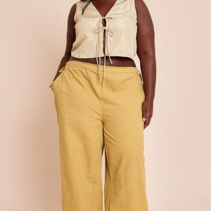 Plus Olive Premium Linen Side Tie Detail Wide Leg Trousers