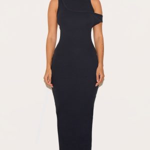 Black Asymmetric Ribbed Maxi Dress