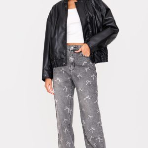Washed Grey Bow Laser Print Straight Leg Jeans
