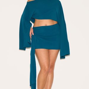 Plus Teal Floaty Woven Knot Side Mini Skirt
