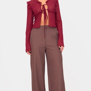 Burgundy Chiffon Ruffle Fitted Tie Front Blouse