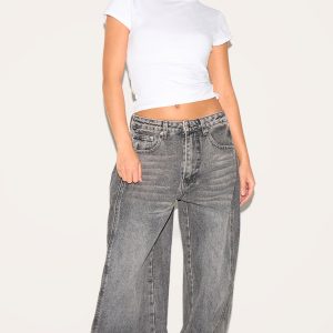 Petite Washed Grey Denim Side Pleated Detail Wide Leg Jeans