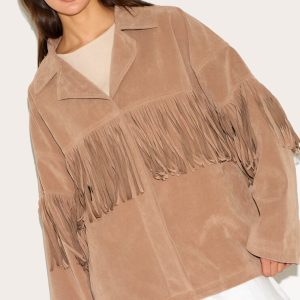 Beige Faux Suede Heavy Fringed Jacket
