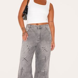 Plus Washed Black Cross Applique Detail Wide Leg Jeans