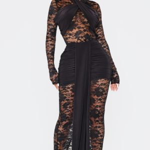 Shape Black Drape Detail Lace Skirt
