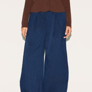 Navy Woven Pleat Detail Wide Leg Tailored Trousers