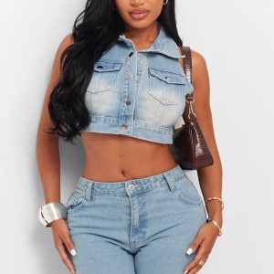 Shape Light Blue Wash Denim Button Front Sleeveless Jacket