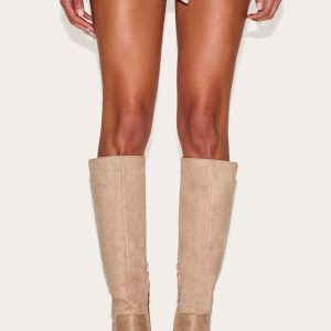 Stone Faux Suede Round Toe High Block Heel Knee High Boots