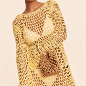 Butter Yellow Crochet Long Sleeve Beach Mini Dress