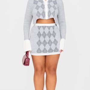 Plus Grey Argyle Jacquard Knitted Mini Skirt
