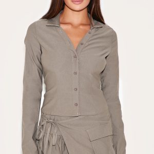 Taupe Woven Long Sleeve Cargo Detail Shirt