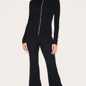 Black Rib High Waist Flares
