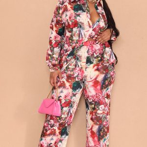 Plus Rose Femme Renaissance Print Wide Leg Trousers
