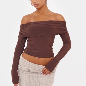 Brown Slinky Bardot Long Sleeve Long Top