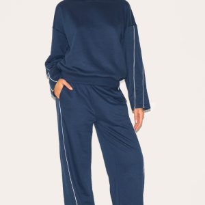 Navy Contrast Piping Detail Wide Leg Joggers