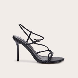 Black Wide Fit Pu Strappy Asymmetric Buckle High Stiletto Heeled Sandals