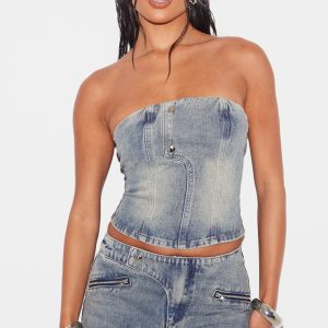 Vintage Seam Detail Strapless Denim Bandeau Top