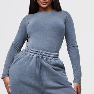 Shape Washed Charcoal Cotton Long Sleeve Crew Neck Bodysuit