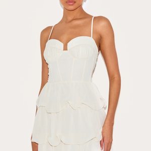 Almond Chiffon Pleat Cup Detail Frill Shift Dress