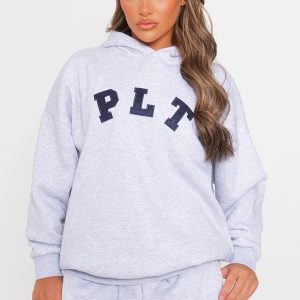 PRETTYLITTLETHING Ash Grey Logo Oversized Hoodie