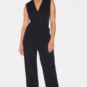 Black Woven Asymmetric Detail Waistcoat Straight Leg Jumpsuit