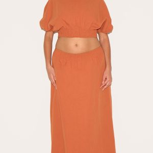 Plus Burnt Orange Shirred Waist Low Rise Maxi Skirt
