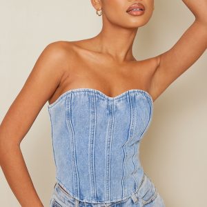 Acid Blue Wash Seam Detail Denim Corset Top