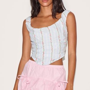Pastel Blue Stripe Ditsy Print Ruched Corset Top