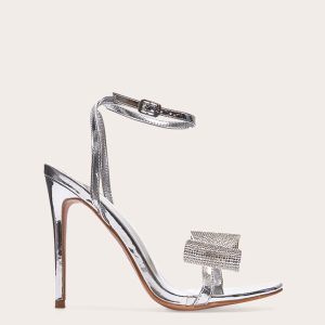 Silver PU Round Toe Diamante Bow Heeled Sandals