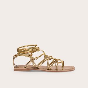 Gold Metallic Real Leather Square Toe Knotted Strap Tie Up Sandals