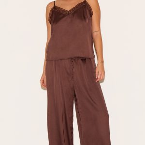 Plus Chocolate Satin Lace Trim Cami Long Pj Set