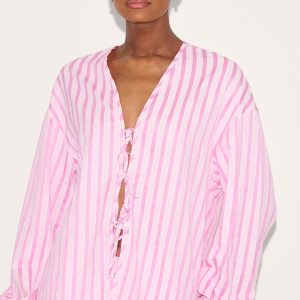 Pink Striped Textured Tie Front Shirt