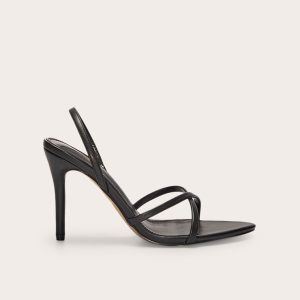 Black Pu Point Toe Sling Back High Stiletto Heel Sandals