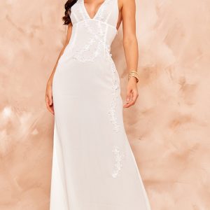 White Chiffon Floral Detail Maxi Dress
