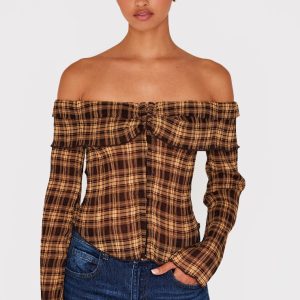 Brown Plisse Chiffon Check Bardot Blouse