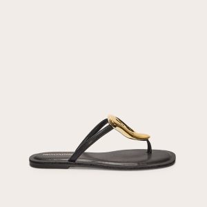 Black Pu Square Toe Thong Trim Detail Resin Sole Flat Sandals
