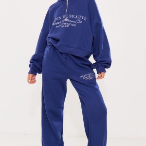 PRETTYLITTLETHING Navy Logo Embroidered Wide Leg Joggers