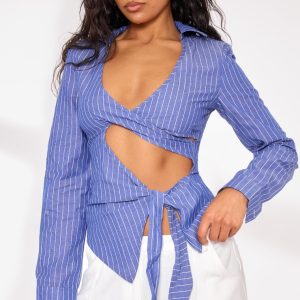 Navy Pinstripe Tie Front Cut Out Shirt