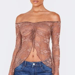 Taupe Bardot Lace Detail Flared Sleeve Long Top