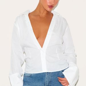 Plus White Cinched Tie Waist Shirt