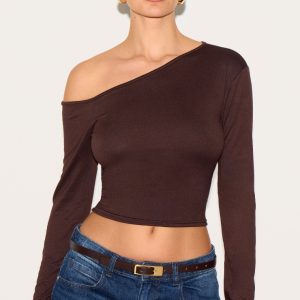 Chocolate Cotton Asymmetric Fitted Long Sleeve Top