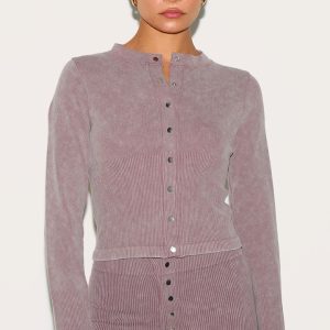 Petite Taupe Faded Contour Rib Long Sleeve Button Up Top