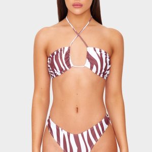 Brown Zebra Print Halter Tie Bikini Top