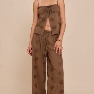 Brown Broderie Swirl Detail Straight Leg Trousers