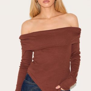Chocolate Fold Over Bardot Dipped Hem Long Top